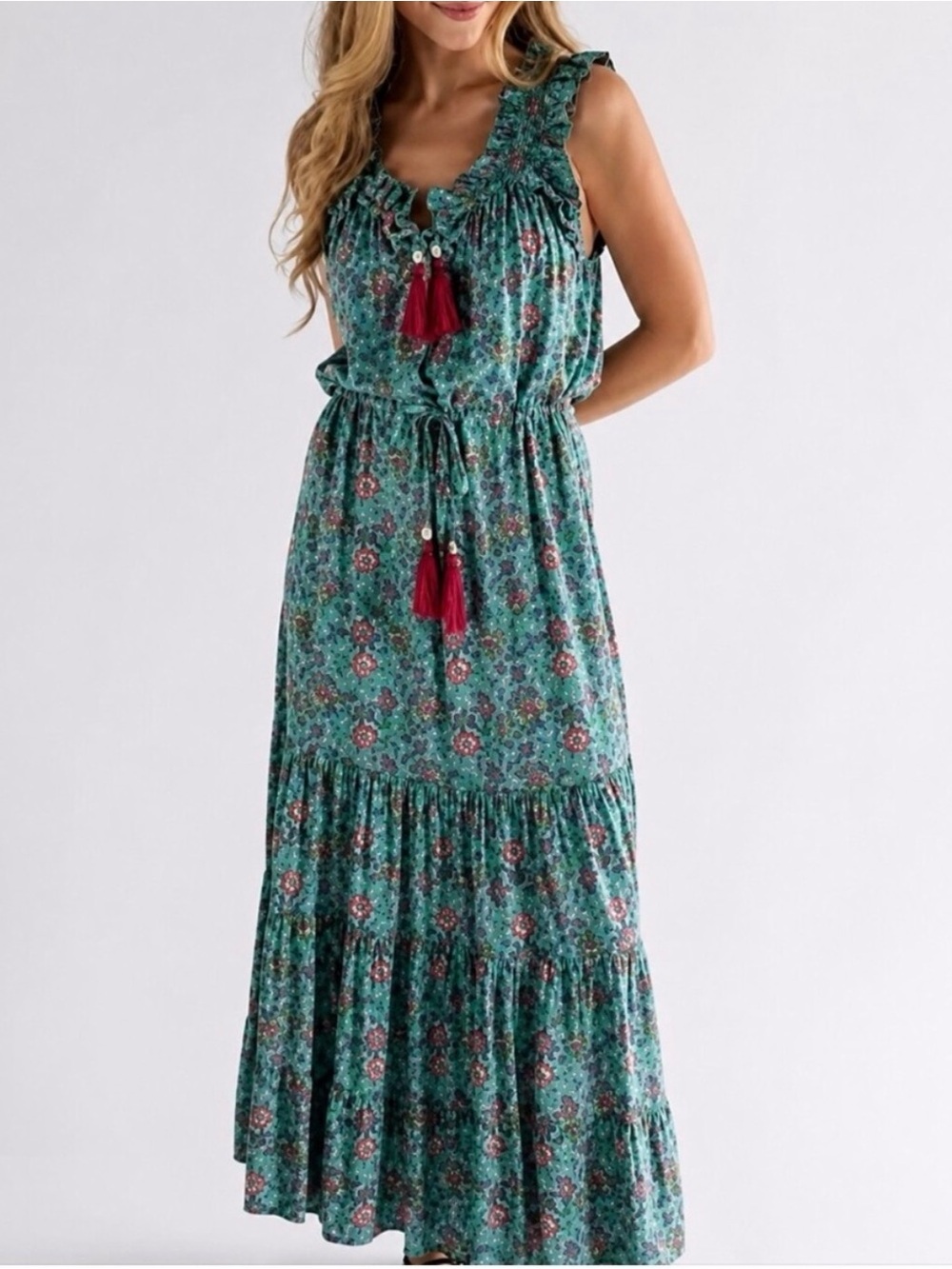 Natural Life Ruffle Tassel Floral Maxi Dress Teal Pink Size Medium Boho